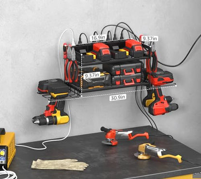 Garage Tools Storage with Charging Station. Power Tool Battery Organizer Utility Shelf with Power Strip. 4 Drills Holder Wall Mount Rack (5.4 Count)