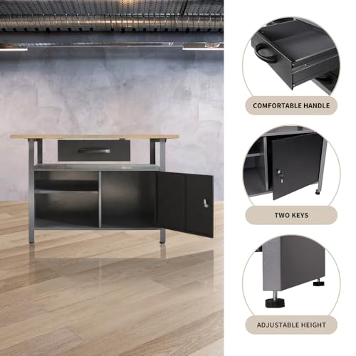 Garage Tool Storage Cabinet Workbench Desk with Wood Top