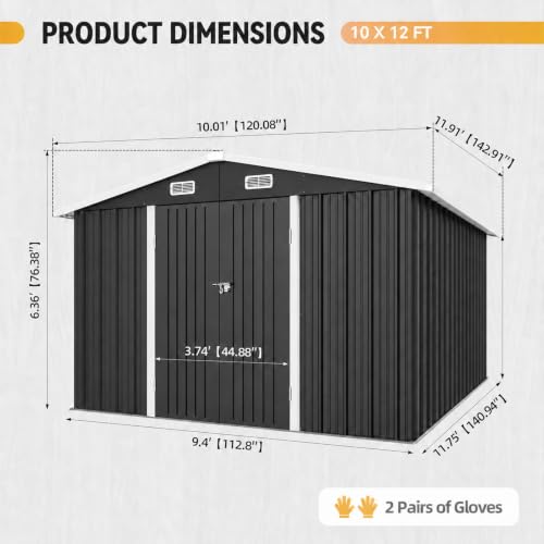 10x12FT Shed with Floor Galvanized Steel Outdoor Storage Shed Black