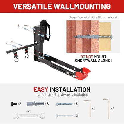Bike Wall Mount Rack Adjustable & Foldable Garage Bike Rack with Swivel Design & 2 Storage Hooks (2 Count)