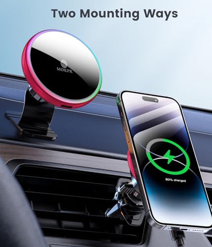 for Magsafe Car Mount Charger 15W LED RGB Car Phone Holder for Dash Vent