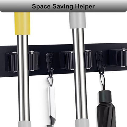 Broom Holder Wall Mount With 5 Slots & 4 Hooks