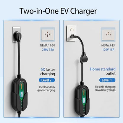 Level 2 EV Charger 32 Amp Portable J1772 NEMA 14