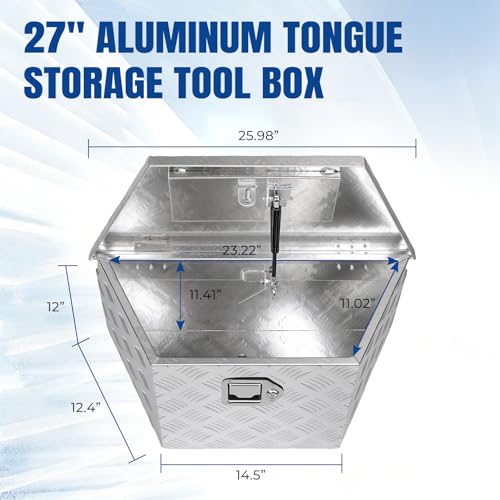 27" x 13" x 13" Trailer Tongue Tool Box Heavy Duty Aluminum with Latch and Keys Trailer Toolbox Organizer Truck Underbody Box Compatible with Pick Up Truck Bed RV Trailer ATV Silver