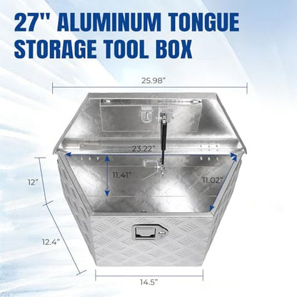27" x 13" x 13" Trailer Tongue Tool Box Heavy Duty Aluminum with Latch and Keys Trailer Toolbox Organizer Truck Underbody Box Compatible with Pick Up Truck Bed RV Trailer ATV Silver