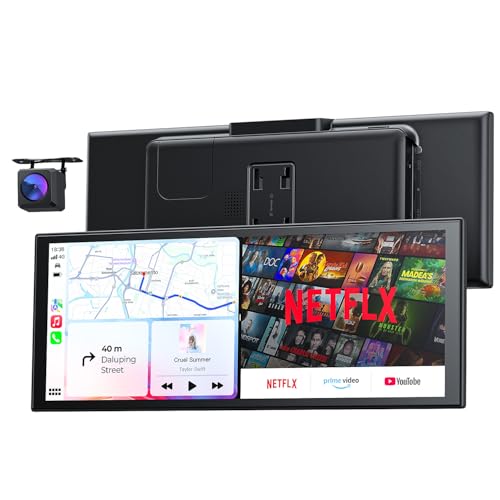 10.26“ Wireless Portable 60FPS Carplay Screen with Netflix YouTube for Apple Car Play & Android Auto 1920 * 720 Fully Laminated Tablet with 1080P Reversing Camera
