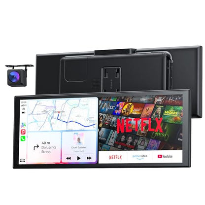 10.26“ Wireless Portable 60FPS Carplay Screen with Netflix YouTube for Apple Car Play & Android Auto 1920 * 720 Fully Laminated Tablet with 1080P Reversing Camera