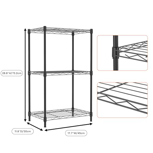 3 Tiers Shelf Metal Storage Shelves Wire Rack Closet Organizers with Wheel for Garage Kitchen Bathroom Laundry Black 11.8" D x 17.7" W x 28.8" H (3 Count)