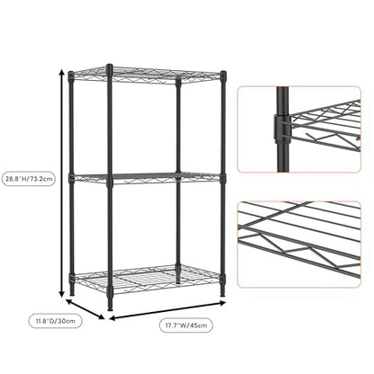 3 Tiers Shelf Metal Storage Shelves Wire Rack Closet Organizers with Wheel for Garage Kitchen Bathroom Laundry Black 11.8" D x 17.7" W x 28.8" H (3 Count)