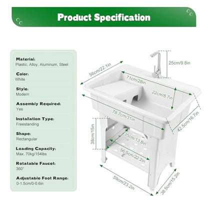 Freestanding Utility Sink Plastic Laundry Tub Sink with Storage Shelf Indoor Outdoor Slop Sink Wash Station for Bathroom Laundry Washing Room