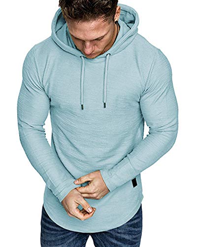 Mens Fashion Athletic Hoodies Sport Sweatshirt Solid Color Fleece Pullover Sky Blue Large