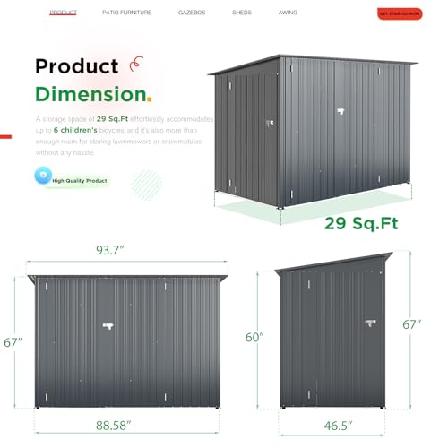 4' x 7' Waterproof Metal Lean to Bike Storage Shed