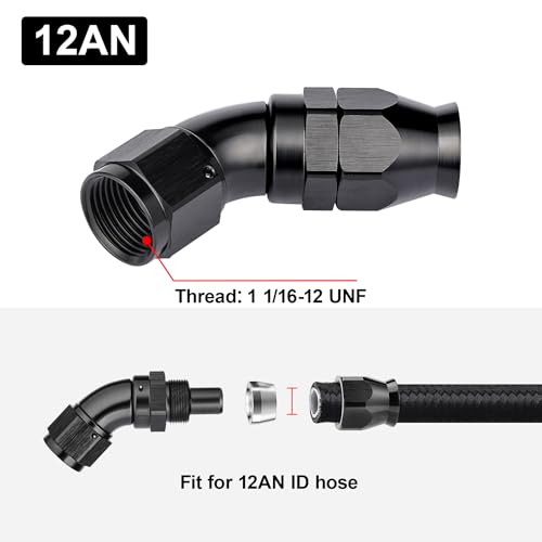 12AN 45 Degree PTFE One Piece Full Flow End Hose Fitting Aluminum Black