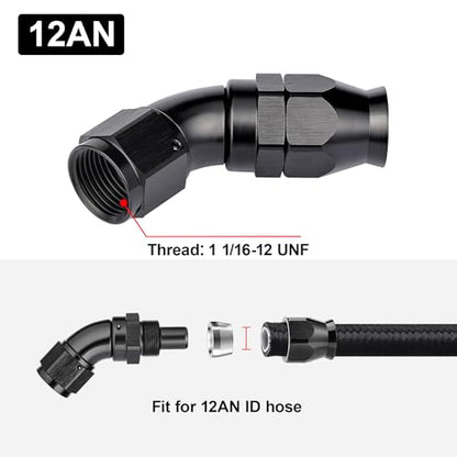12AN 45 Degree PTFE One Piece Full Flow End Hose Fitting Aluminum Black