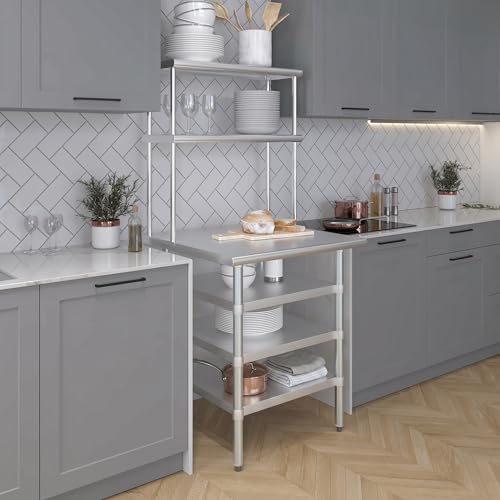 30" x 30" Stainless Steel Work Table with 3 Shelves and 12" Wide Double Tier Overshelf