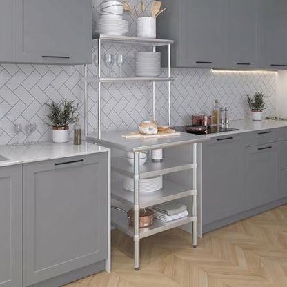 30" x 30" Stainless Steel Work Table with 3 Shelves and 12" Wide Double Tier Overshelf