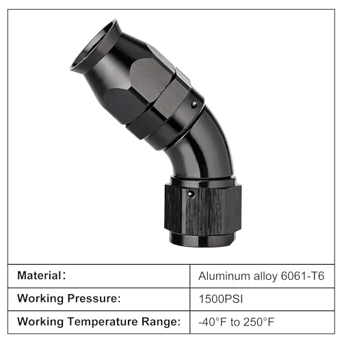 8AN 45 Degree PTFE One Piece Full Flow End Hose Fitting Aluminum Black