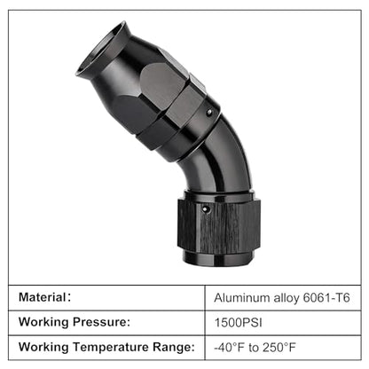 6AN 45 Degree PTFE One Piece Full Flow End Hose Fitting Aluminum Black