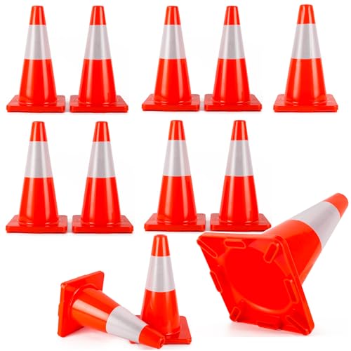 Traffic Cones 18 inch 12 Pack Safety Cones Orange with Reflective Collars Fit Parking Lot