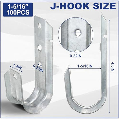 100 Pcs 1-5/16'' Cable Support J-Hook Bulk, Metal Hanging Hook (100 Count)