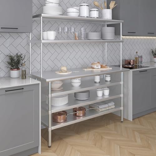 24" x 60" Stainless Steel Work Table with 3 Shelves and 18" Wide Double Tier Overshelf