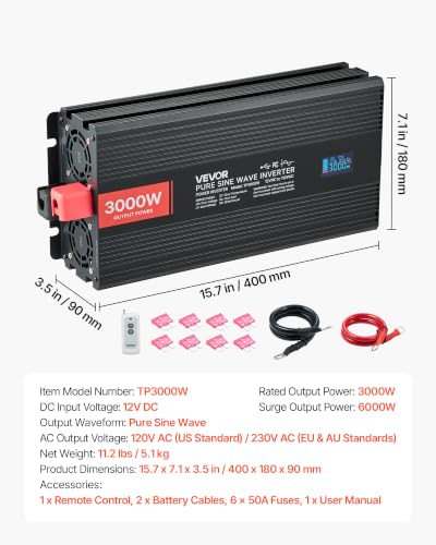 Pure Sine Wave Inverter 3000 Watts 12V DC to 120V AC Power Inverter