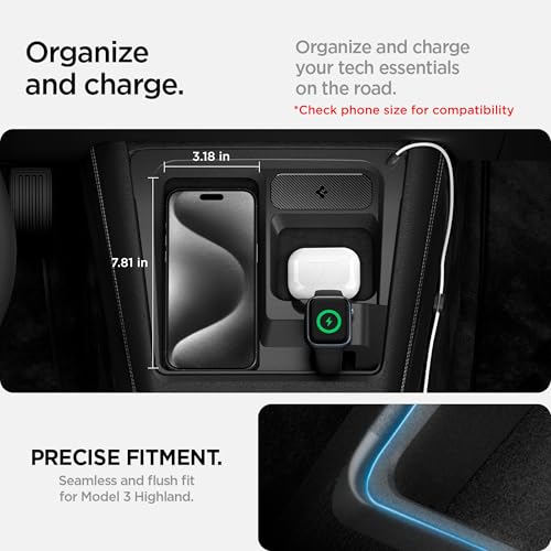 3-in-1 Organizer Mount for Tesla Model 3 Highland (Standard, Premium & Performance 2024/25/26) (Watch Charger Not Included) - Uses Wireless Charging Pad - Charge iPhone, AirPods, Apple Watch