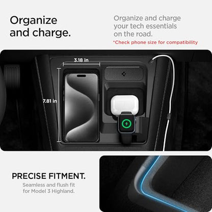 3-in-1 Organizer Mount for Tesla Model 3 Highland (Standard, Premium & Performance 2024/25/26) (Watch Charger Not Included) - Uses Wireless Charging Pad - Charge iPhone, AirPods, Apple Watch