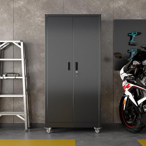 Black Metal Garage Storage Cabinet with Wheels