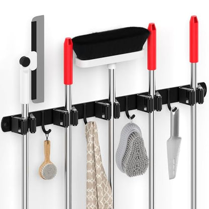 5 Grippers Broom Holder Wall Mount with 4 Hooks Stainless Steel