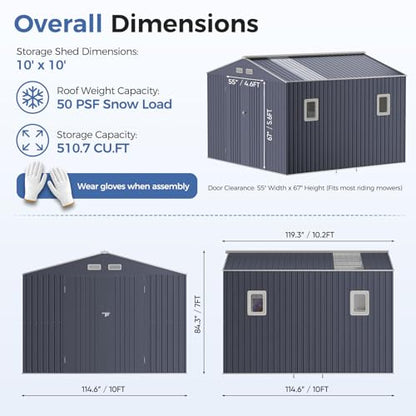 10x10 FT Metal Storage Shed with Reinforced Frame