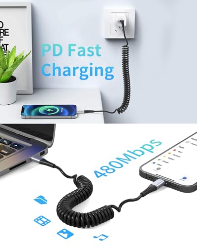 Coiled USB C to Lightning Cable for Car 2 Pack (2 Count)