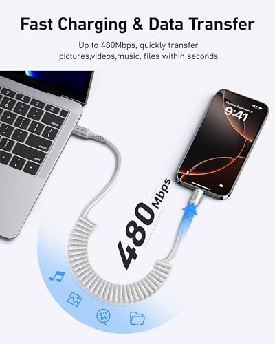 Coiled USB C to C Cable Coiled USB C Cable for Car (2 Count)