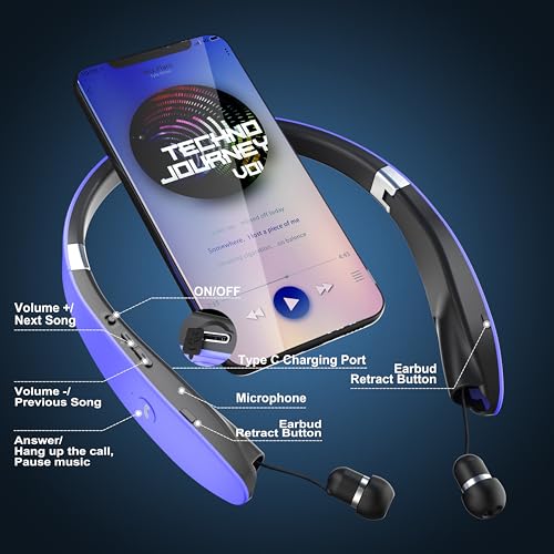 Foldable Bluetooth Headphones Wireless Neckband Headset with Retractable Earbuds