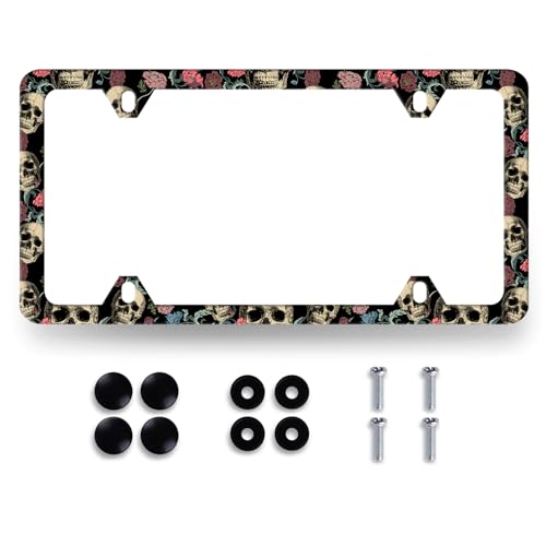 Skull Flowers License Plate Frame Colorful Skull License Holder with 2 Hole