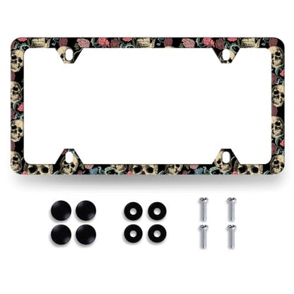 Skull Flowers License Plate Frame Colorful Skull License Holder with 2 Hole