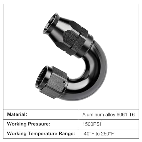 6AN 180 Degree PTFE One Piece Full Flow End Hose Fitting Aluminum Black
