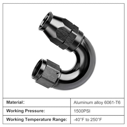 6AN 180 Degree PTFE One Piece Full Flow End Hose Fitting Aluminum Black