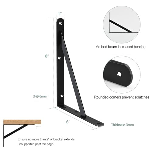 2 Pack L8 x H 6" Black Heavy Duty Shelf Brackets with Screws Metal Shelf Brackets Shelf Support Angle Brackets for Shelves L Brackets Heavy Duty Floating Shelf (2 Count)