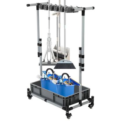 Broom and Mop Holder Freestanding Mobile Cleaning Tool Storage Rack