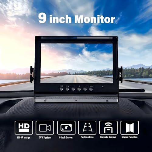 Car Backup Cameras System with 9'' Quad Split Monitor for RV Trailer Semi Truck Camper Bus & 4 AHD 1080P Rear&Side View Cameras with DVR Record Function Night Vision IP69 Waterproof