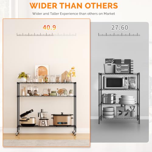 3 Tier Metal Storage Shelves 41''H Wire Shelving with Wheels for Storage Adjustable Heavy Duty Garage Shelving Storage Racks for Pantry Shelves Kitchen Office Garage