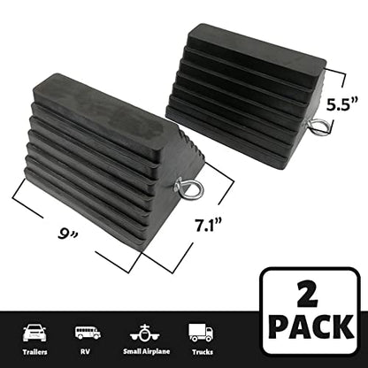 2 Pack Wheel Chocks Rubber Heavy Duty Black with Eyebolt (2 Count)