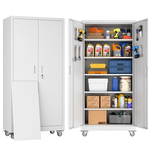 White Metal Garage Storage Cabinet with Wheels and Pegboard
