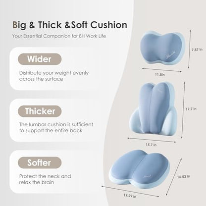 3 PCS Seat Cushion for Carseat Lumbar Support Pillow Car Neck Headrest Pillows Ultrathick Memory Foam Seat Pads Pressure Relief Back Cushion for Office Chair