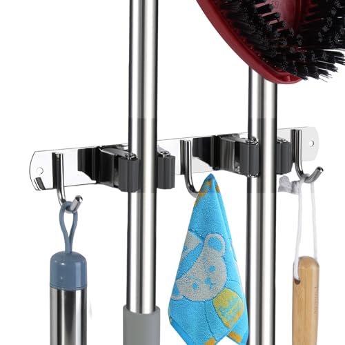 2 Racks and 3 Hooks Mop and Broom Holder Wall Mount