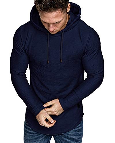 Mens Fashion Athletic Hoodies Sport Sweatshirt Solid Color Fleece Pullover Navy X