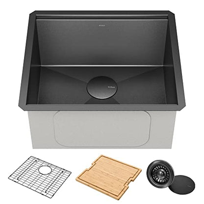 Kore 21 Inch Undermount Workstation 16 Gauge Stainless Steel Single Bowl Kitchen Sink n PVD Gunmetal Finish with Accessories