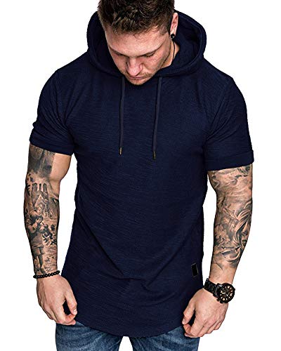 Mens Fashion Hoodies Sport Pullover Solid Color Shirt Workout Lightweight Tops Navy