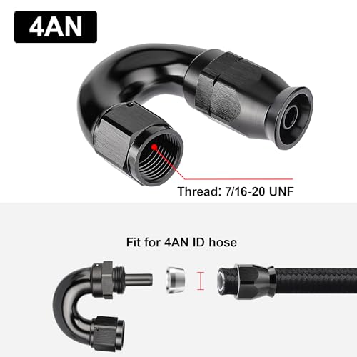 4AN 180 Degree PTFE One Piece Full Flow End Hose Fitting Aluminum Black